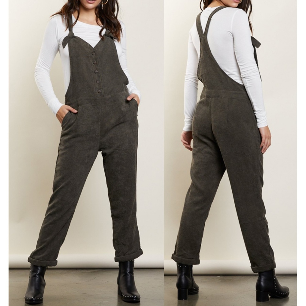 Mustard Seed Olive Corduroy Crop Overall Jumpsuit - Picture 2 of 7